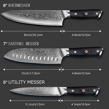 Damast Messer Set 3-teilig – Kochmesser, Santoku & Allzweckmesser
