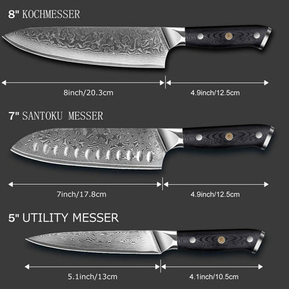Damast Messer Set 3-teilig – Kochmesser, Santoku & Allzweckmesser