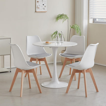 Skandinavische Esszimmerstühle 6er-Set Weiß | Massivholz & Gestreiftes Sitzkissen