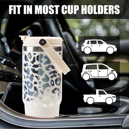 30oz Tumbler Edelstahl Isoliert mit Griff und Strohhalm weiß-Leopard