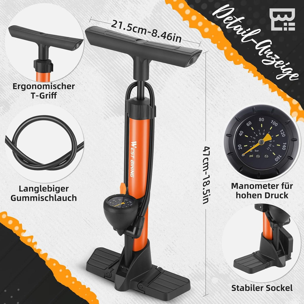 Fahrradpumpe mit Manometer Luftpumpe alle Ventile 160 PSI/11 Bar