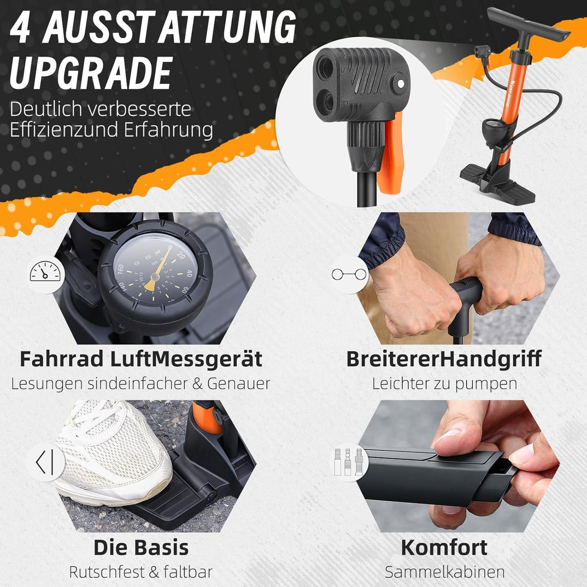 Fahrradpumpe mit Manometer für alle Ventile 160 Psi Orange