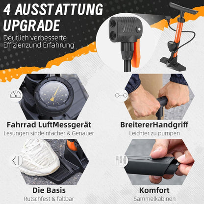 Fahrradpumpe mit Manometer für alle Ventile 160 Psi Orange