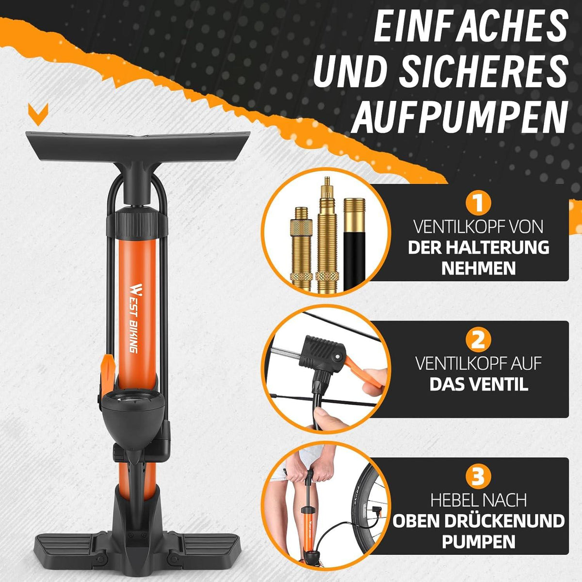 Fahrradpumpe mit Manometer - Alle Ventile, 11Bar/160 Psi, für Rennrad