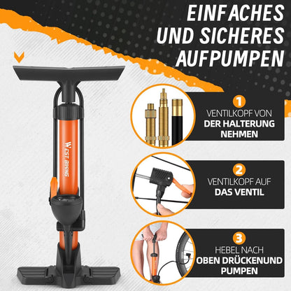 Fahrradpumpe mit Manometer - Alle Ventile, 11Bar/160 Psi, für Rennrad