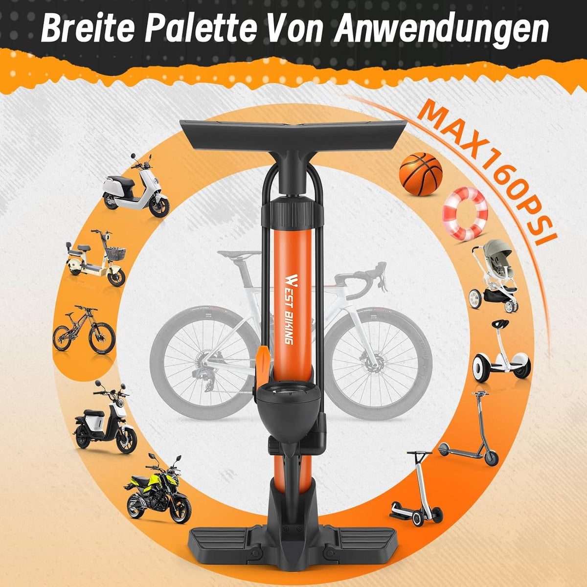 Fahrradpumpe mit Manometer 11Bar/160 Psi für Rennrad E-Bike Standluftpumpe