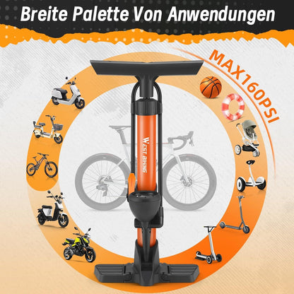Fahrradpumpe mit Manometer 11Bar/160 Psi für Rennrad E-Bike Standluftpumpe