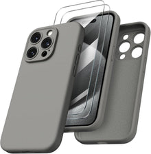 iPhone 15 Pro Hülle Kameraschutz 2 Schutzfolien flüssiges Silikon Grau