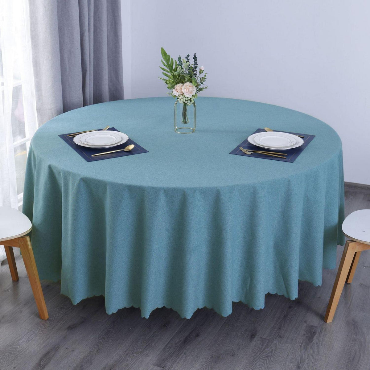 Runde Baumwoll-Leinen Tischdecke wasserabweisend, Pfauenblau 260 cm