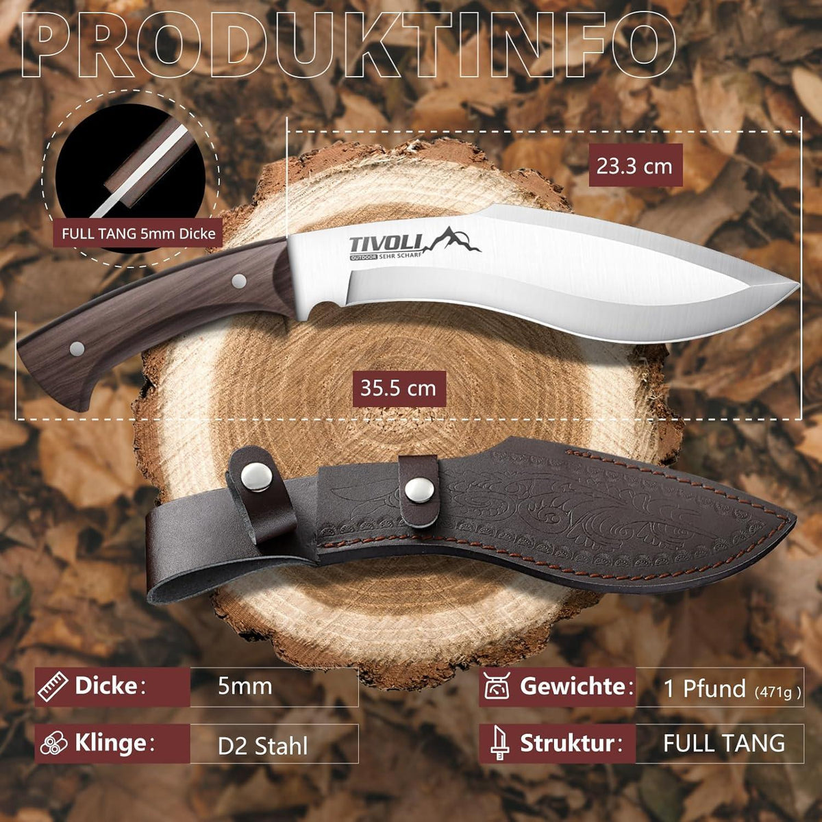 TIVOLI Survival Messer D2 Stahl Outdoor Jagdmesser mit Scheide