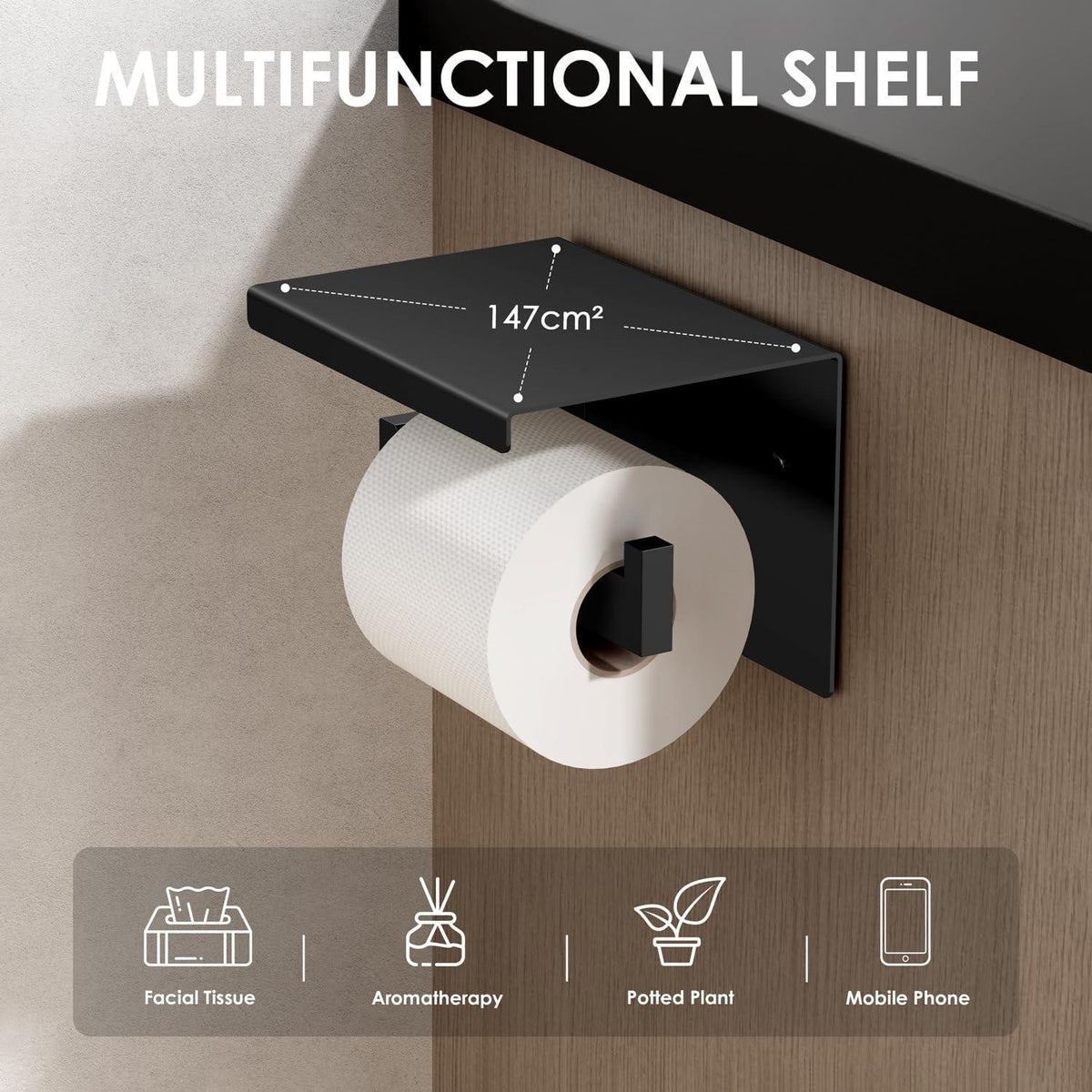 Edelstahl Toilettenpapierhalter mit Ablage, Schwarz