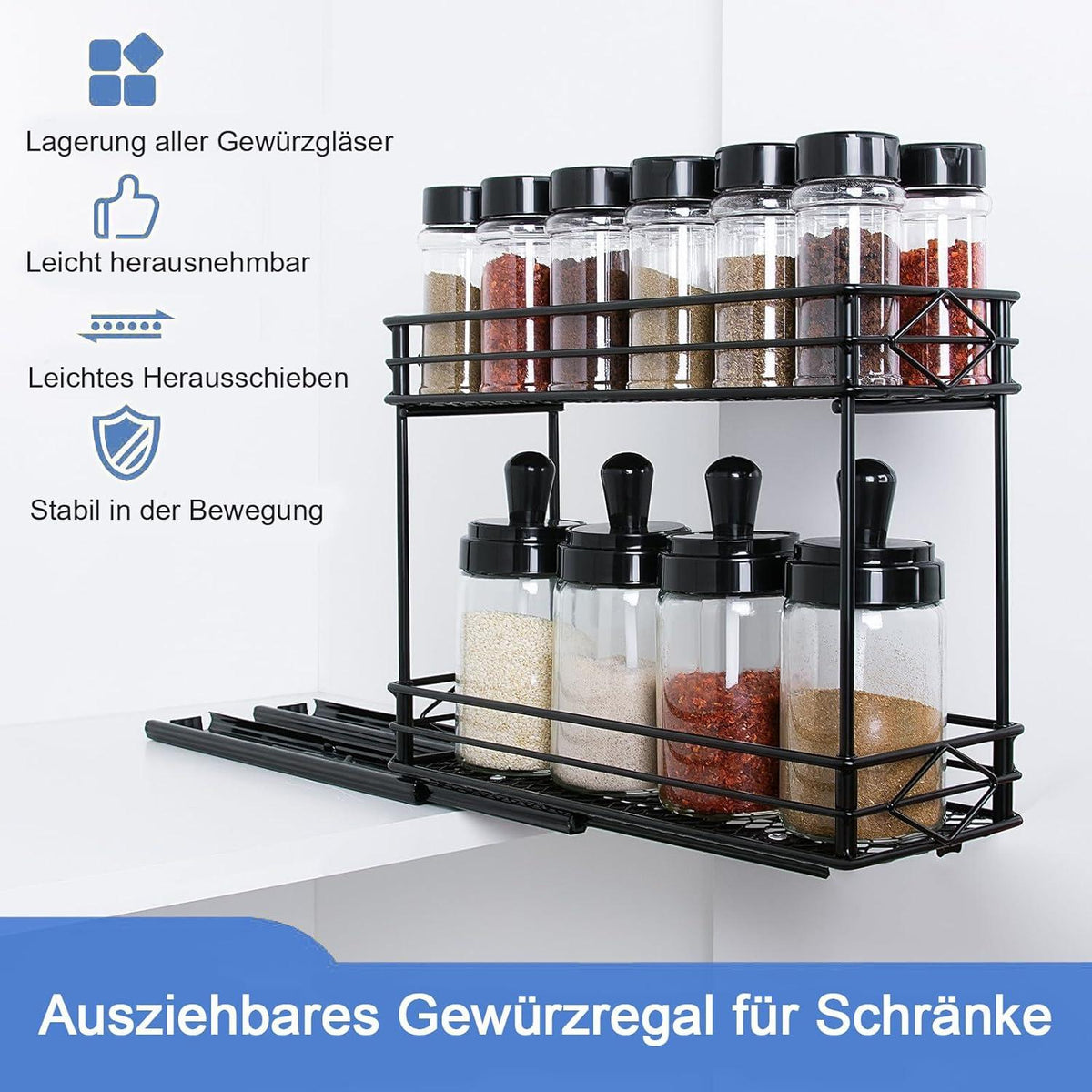 Gewürzregal Ausziehbar 2 Etagen Edelstahl Organizer Küche Schwarz