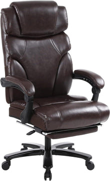 Ergonomischer Bürostuhl mit hoher Rückenlehne und Fußstütze, braun