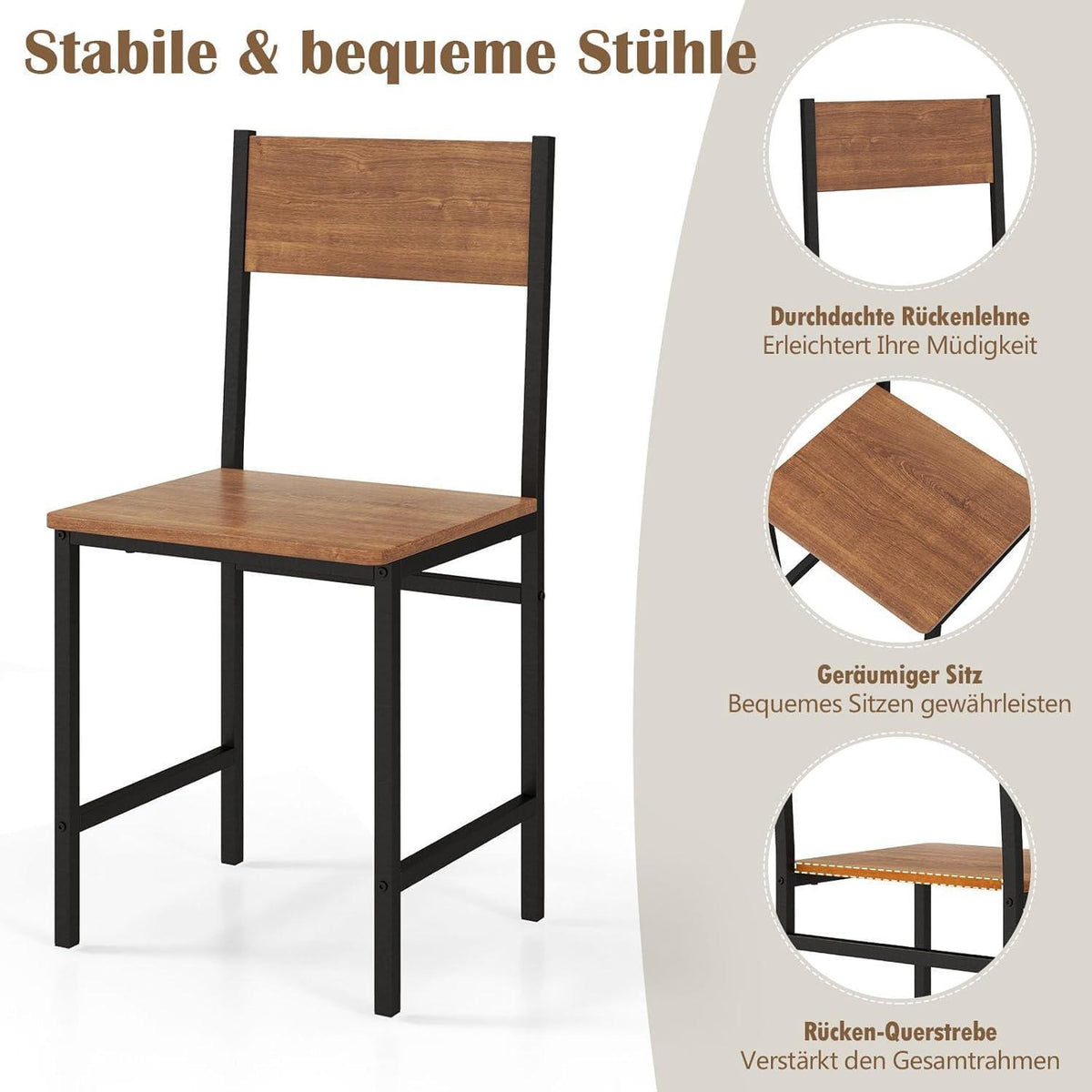 Esstisch Set 4-teilig mit Bank & Stühlen – Industriedesign Braun