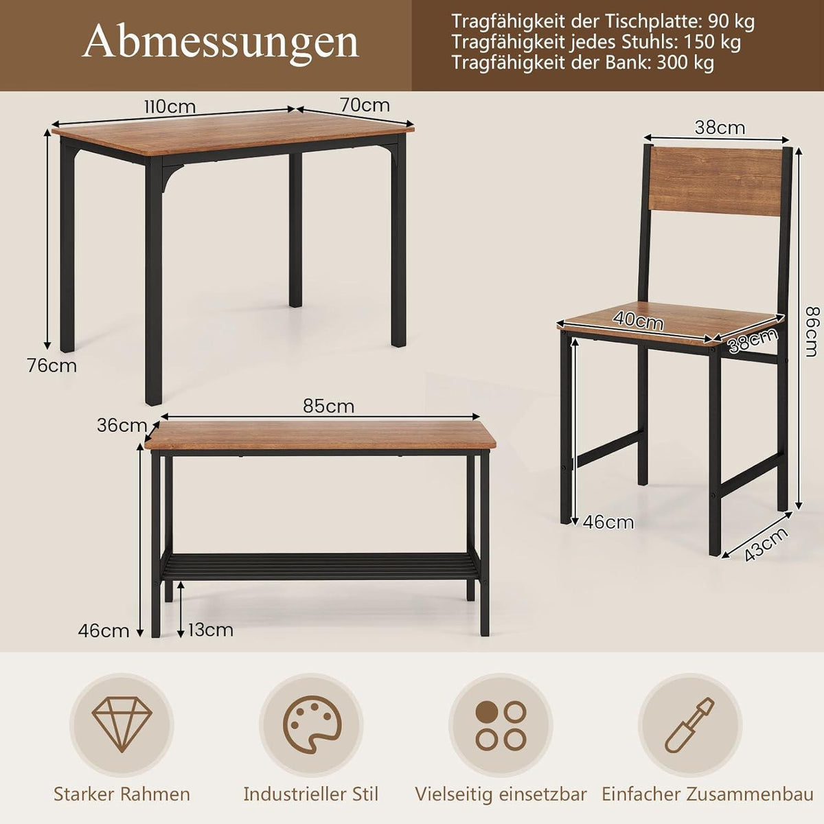 Esstisch Set 4-teilig mit Bank & Stühlen – Industriedesign Braun