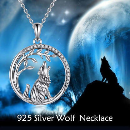 VONALA Damen Wolf Anhänger Kette 925 Sterling Silber Baum des Lebens