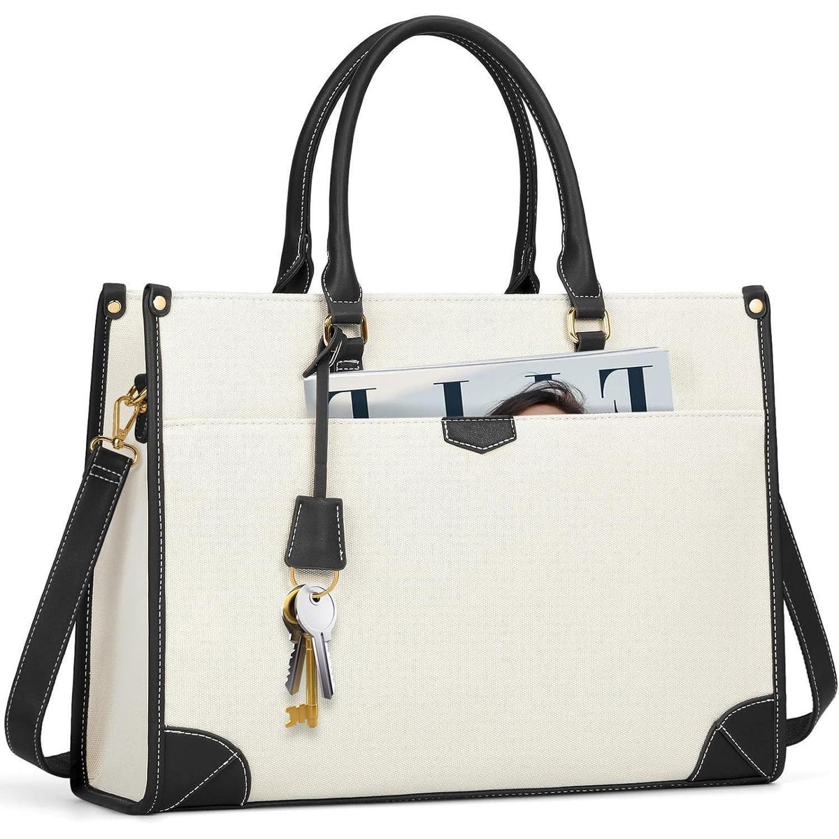 Große Canvas Laptoptasche Damen Schwarz & Beige