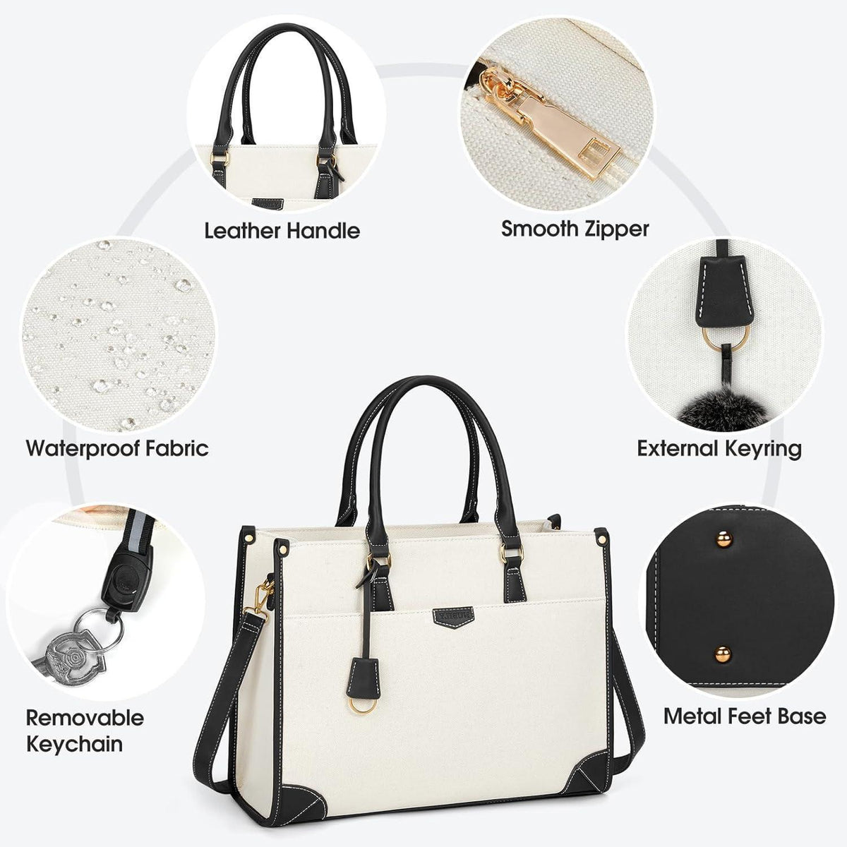 Große Canvas Laptoptasche Damen Schwarz & Beige
