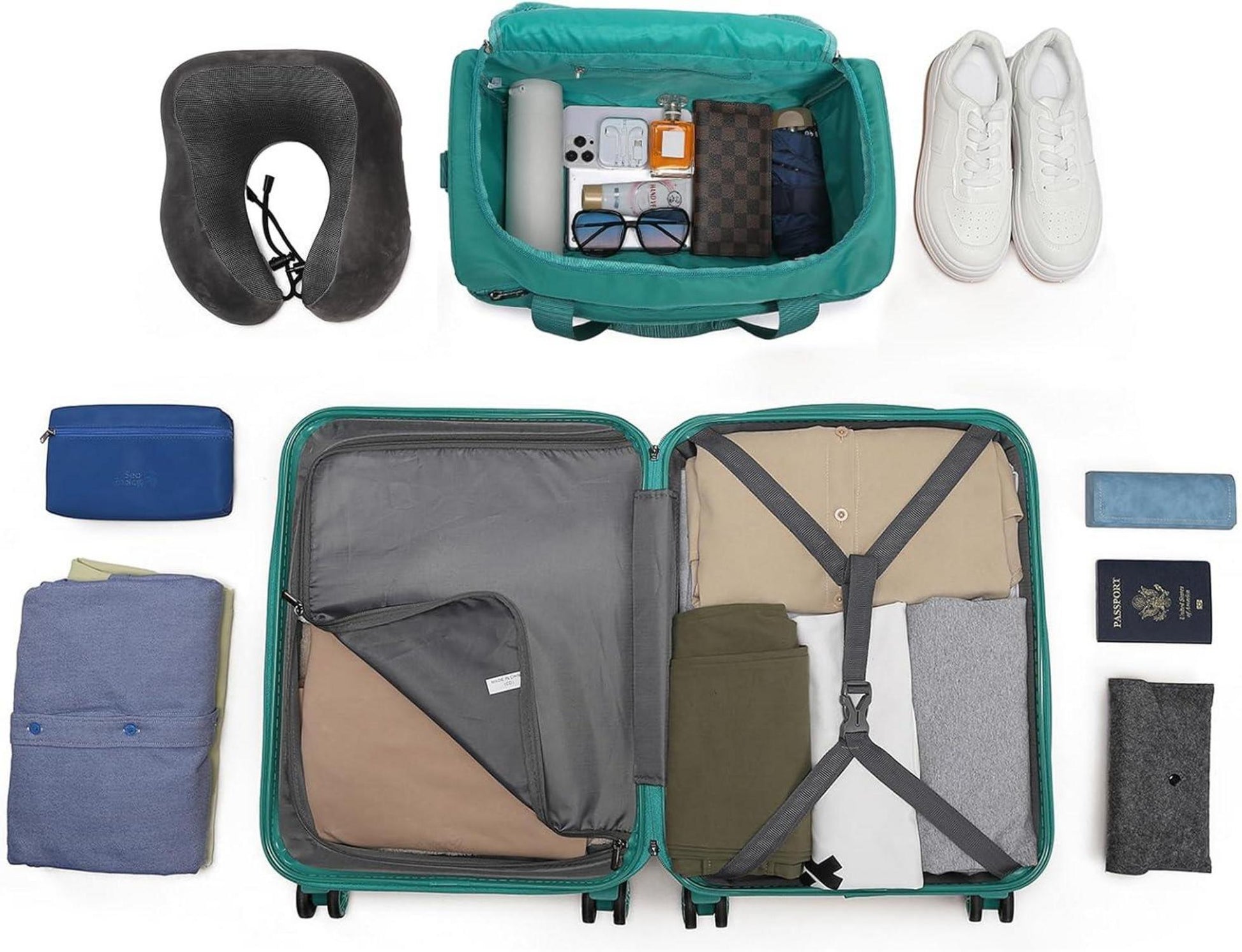 Großer Rollkoffer Set 74cm mit Reisetasche Türkis 2-teilig
