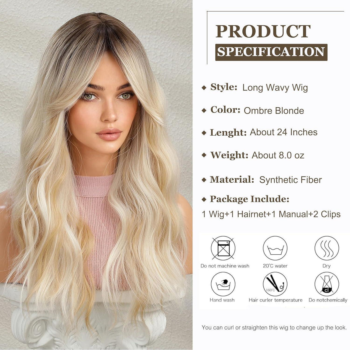 Lange gewellte Ombre Blonde Perücke – Synthetisch & Hitzebeständig