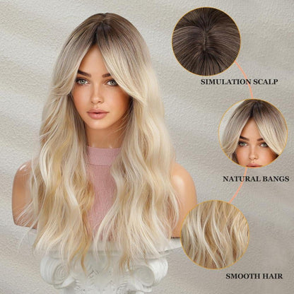 Lange gewellte Ombre Blonde Perücke – Synthetisch & Hitzebeständig