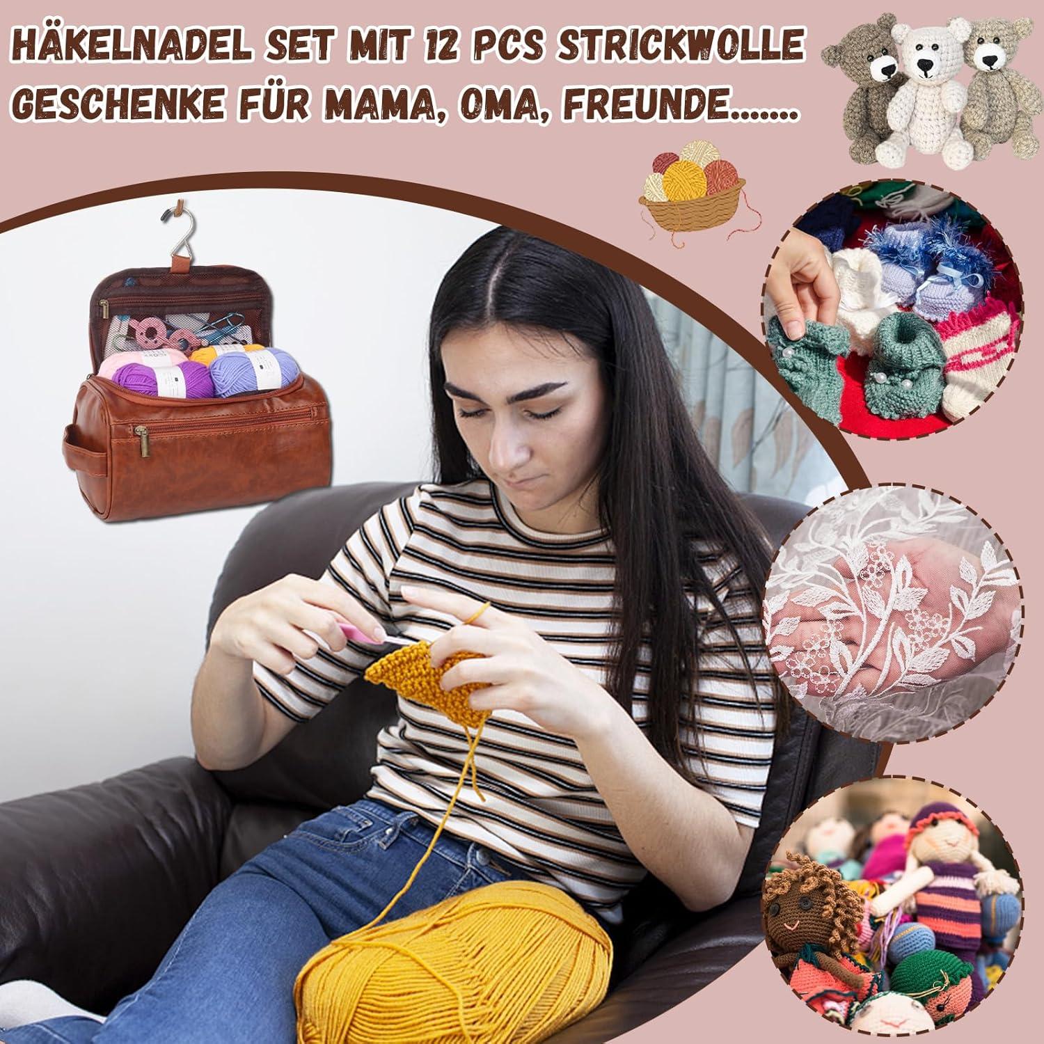 69-teiliges Häkelset für Anfänger: Ergonomische Häkelnadeln, Acrylwolle, praktisches Zubehör, Leder-Tasche