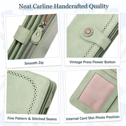TEUEN Damen RFID Geldbörse 24 Kartenfächer Leder Vintage Grün