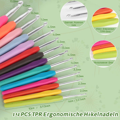 97-teiliges Häkelset mit 30 Acrylwolle, Ergonomische