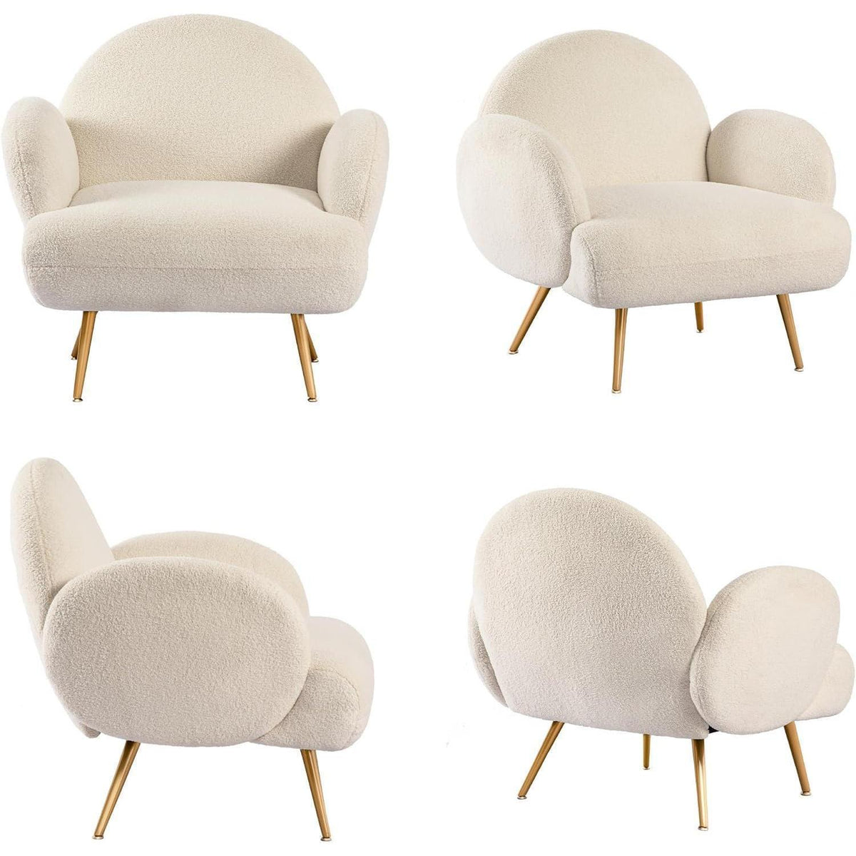 Moderner Loungesessel mit weichem Teddystoff & goldenen Beinen – Weiß