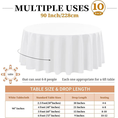 10er Pack Weiße Runde Tischdecken 228cm Polyester, Fleckenfrei