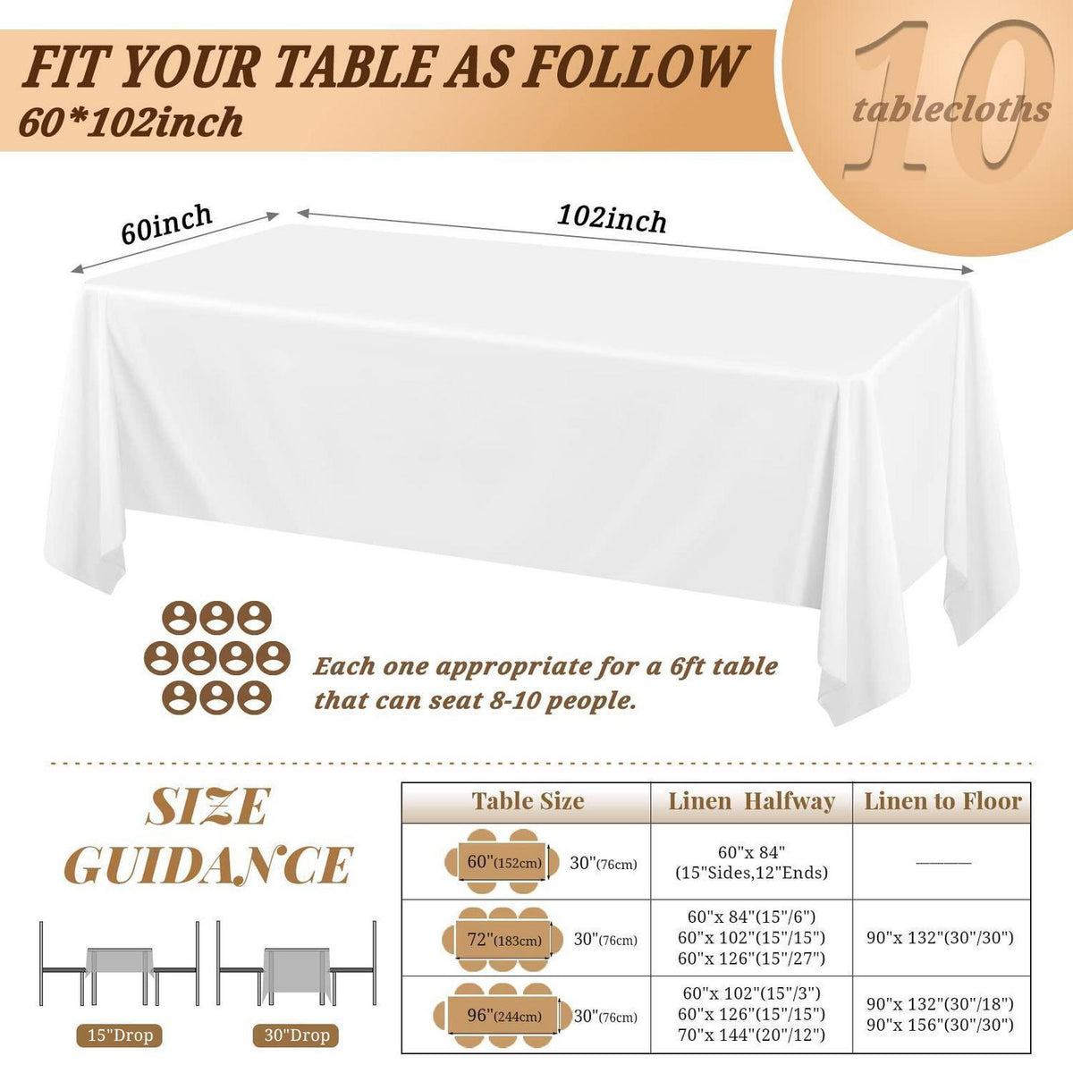 10er-Pack Weiße Tischdecken 153x260 cm für Rechteckige Tische