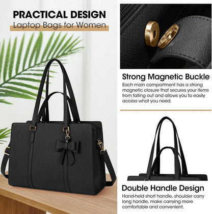 NEWHEY Handtasche Damen Große Laptoptasche 15.6 Zoll Schwarz PU Leder