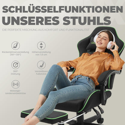 Gaming Stuhl Bürostuhl Stoff mit Massage Kopfstütze Fußstütze Schwarz Grün