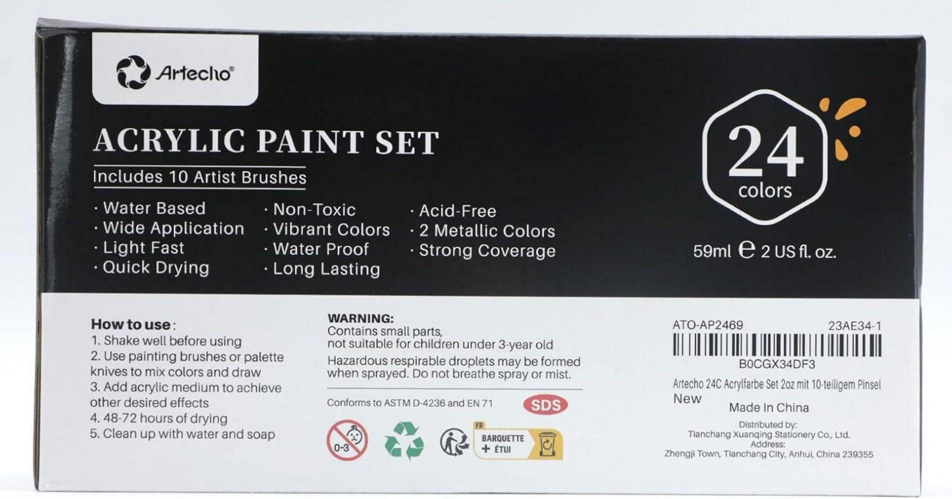 Artecho Acrylfarben Set 24 Farben 59ml + 10 Pinsel