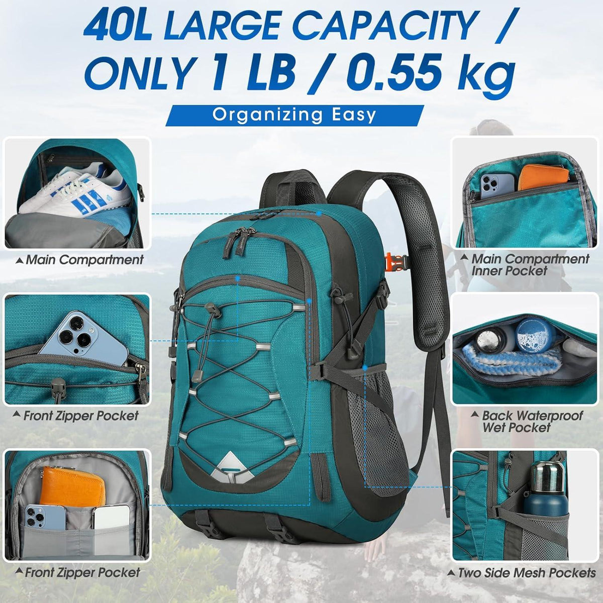 Leichter wasserdichter Wanderrucksack 40L für Herren und