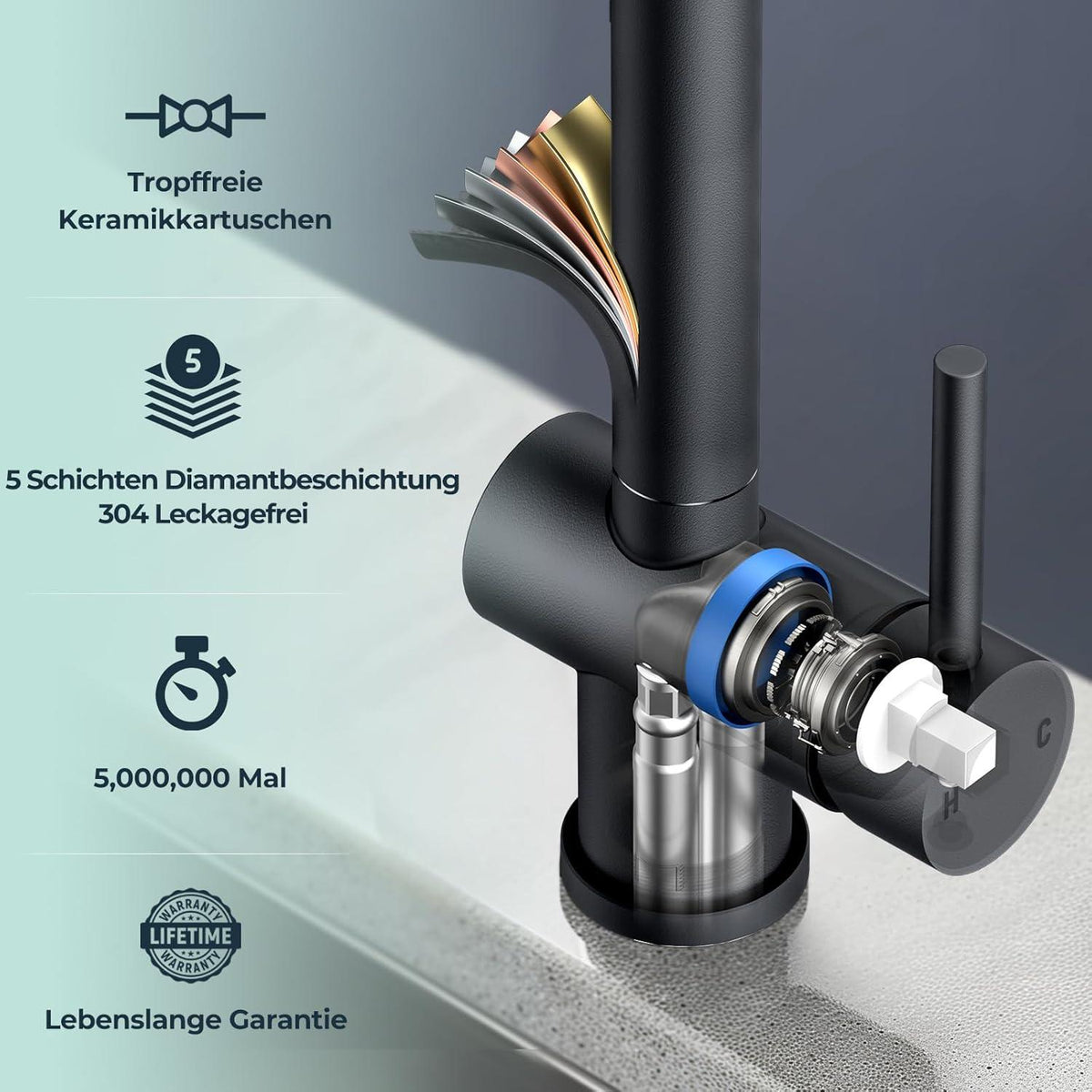 FORIOUS Schwarz Küchenarmatur mit Brause, 360° Drehbar, Edelstahl