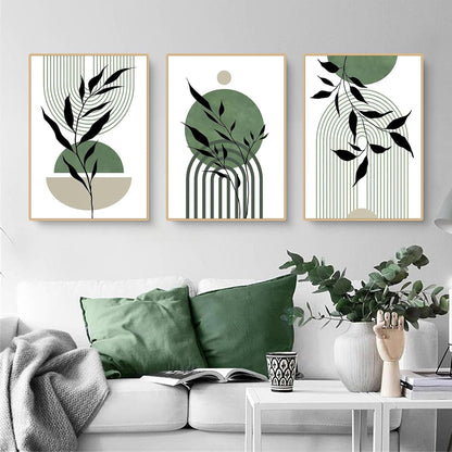 3er Set Premium Poster Abstrakt Grün Blätter Bilder Modern Print