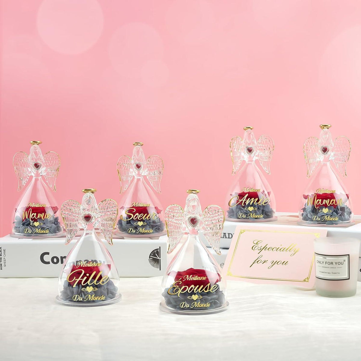 Engel Figur Ewige Rose in Glaskuppel Hochzeitstag Geburtstag Geschenke