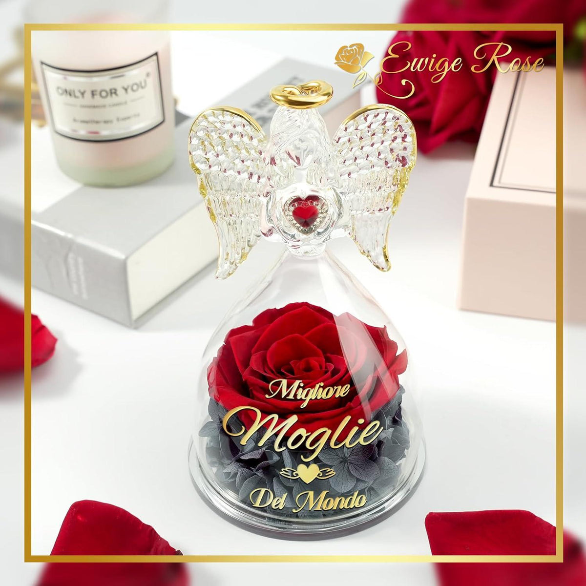 Sunia Engel Figur Ewige Rose Glaskuppel Mama Geschenk