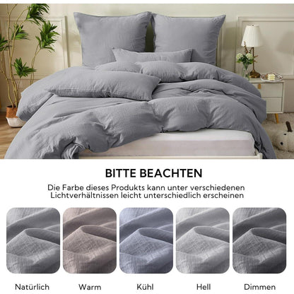 Doppel-Musselin Bettwäsche 220x240 Grau Baumwolle mit Kissenbezügen