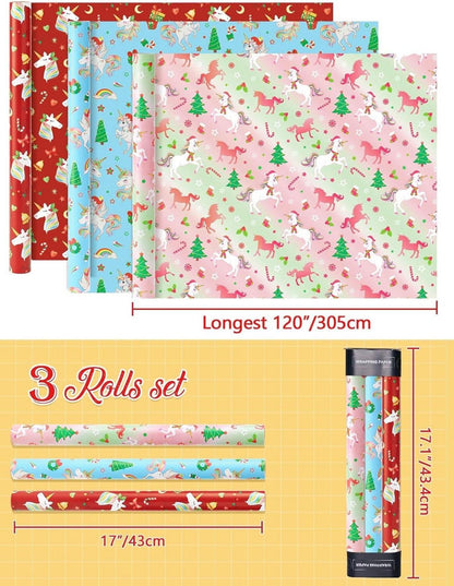 Weihnachts Einhorn Geschenkpapierrollen 3 Rollen Set 43,2x304,8cm