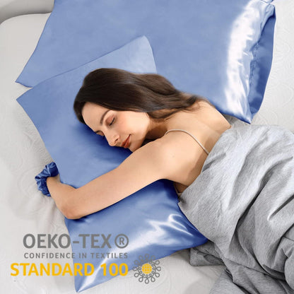 Satin Kissenbezug 2er-Set Blau 40x70cm mit Haargummis