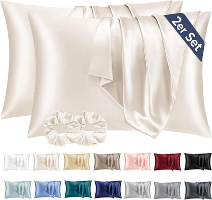 2er-Set Satin Kissenbezug 70x40 Beige Haargummis