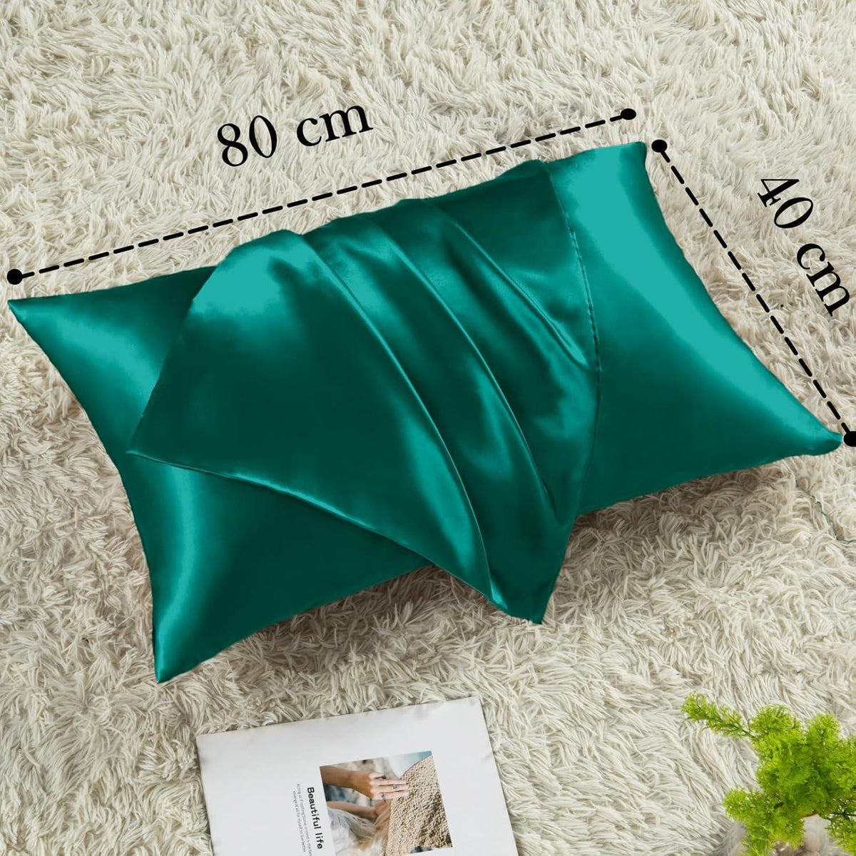 Satin Kissenbezug 40x80 Dunkelgrün 2er Set mit Haargummis
