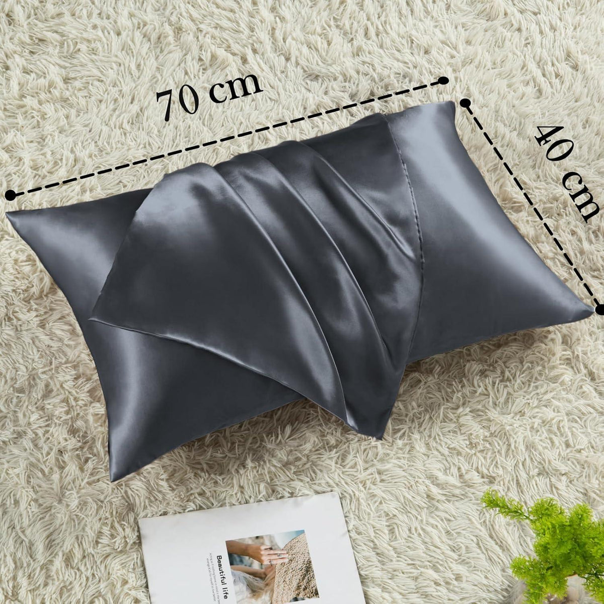 Satin Kissenbezug 2er-Set Dunkelgrau 40x70cm mit Haargummis