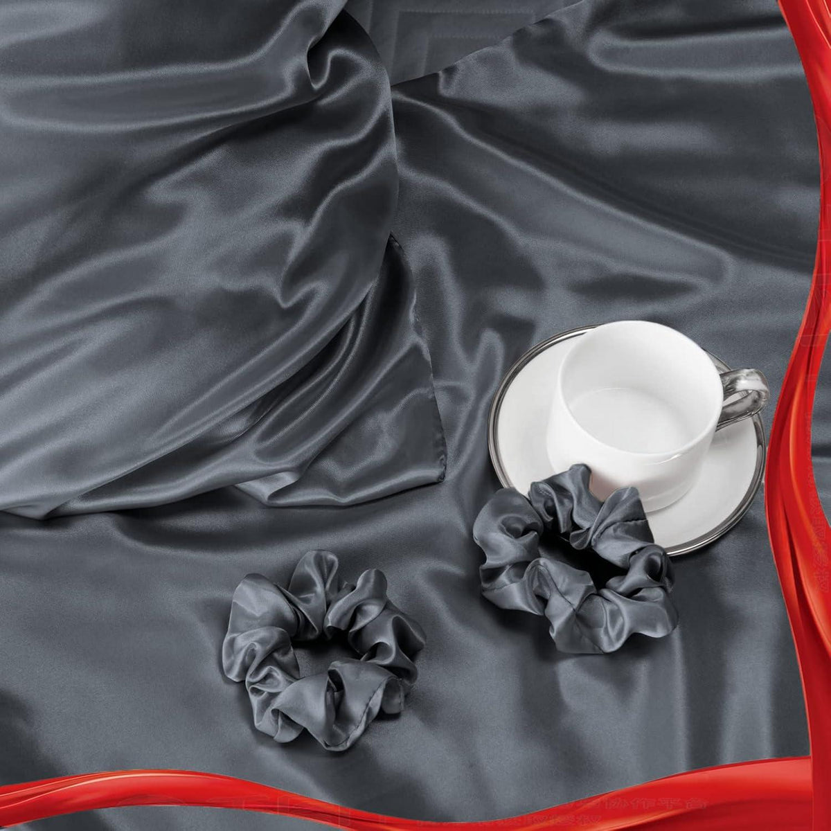 Satin Kissenbezug 2er-Set 40x70 Dunkelgrau mit Haargummis