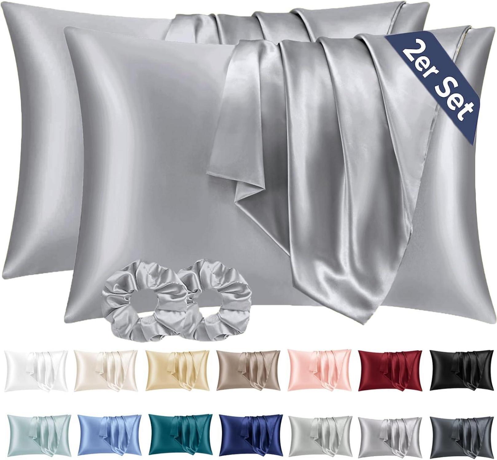 Satin Kissenbezug 2er-Set 40x70 Grau mit Haargummis