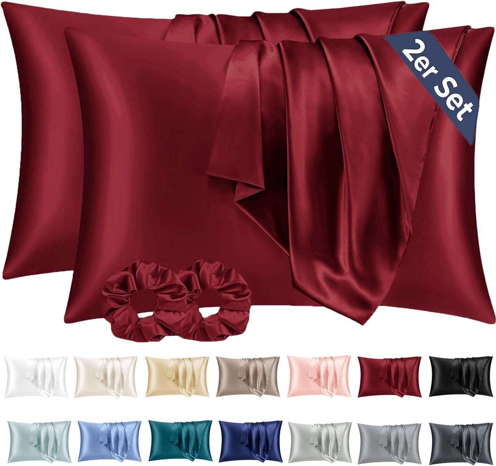 Satin Kissenbezug Set, 2 Haargummis, 40x70cm, Weinrot