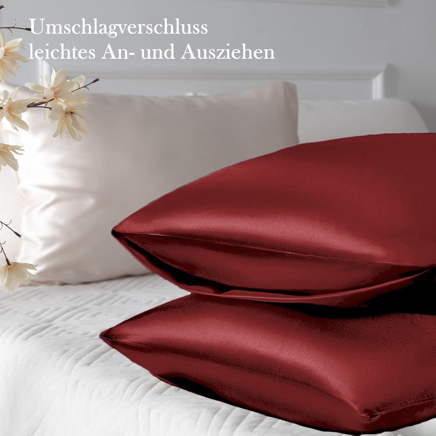 Satin Kissenbezug Set, 2 Haargummis, 40x70cm, Weinrot