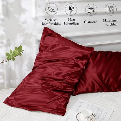 2er-Set Satin Kissenbezug 40x70cm Weinrot mit Haargummis - Maschinenwaschbar und